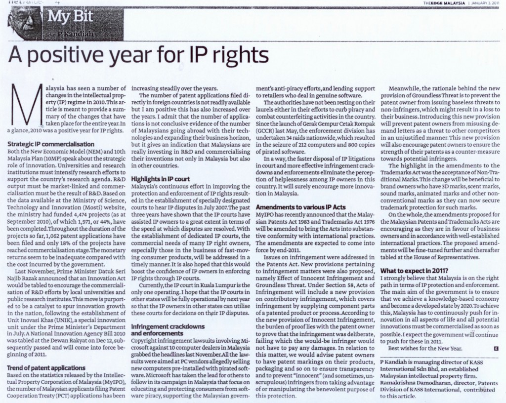 [THE EDGE MALAYSIA] A positive year for IP rights